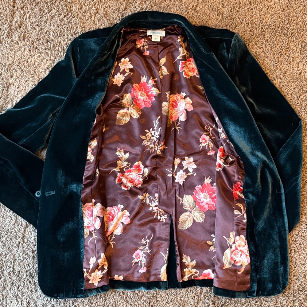 Sundance Beau Green Velvet Silk Blend Lined Floral Blazer Size 2 - Picture 9 of 12